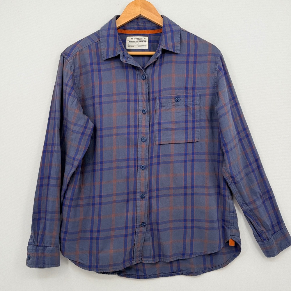 REI Cooperative Plaid Button Down Womens Small Blue Orange Gorpcore Cabincore